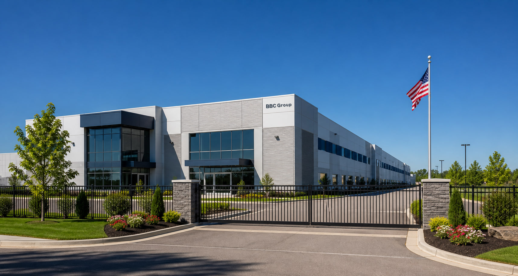 Modern American personal-care factory entrance