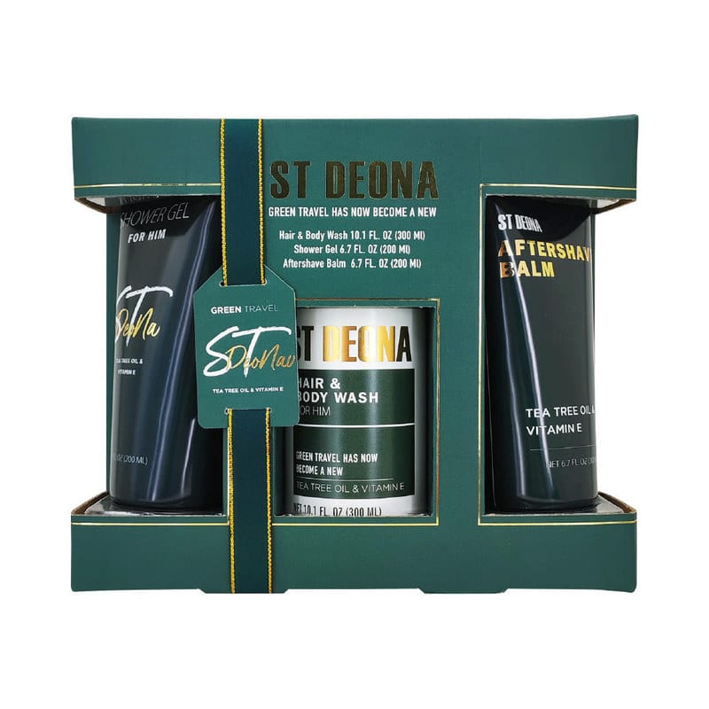 ST DEONA Men's Grooming Gift Set - Tea Tree Oil & Vitamin E (Shower Gel, Hair & Body Wash, Aftershave Balm)